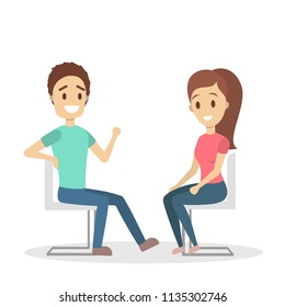 Happy man sitting on the chair talking to female psychologist. Visit to psychiatrist and depression treatment. Isolated flat vector illustration
