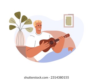 Happy man sitting on couch and playing ukulele, flat vector illustration isolated on white background. Character learning how to play small guitar. Concepts of music and string instruments.