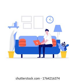 Hombre feliz sentado en el sofá y trabajando con el portátil en casa. Concepto de "autónomo" y "estilo de vida doméstico". Puede usarse para fondos, infografías, imágenes de héroes. Ilustración vectorial moderna en estilo plano.