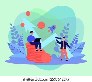 Hombre feliz sentado en la pila de monedas de criptomoneda con el ordenador portátil. Crecimiento financiero, flecha ascendente, hombre de negocios con Ilustración vectorial de spyglass. Criptomoneda, inversión, finanzas, concepto de inicio