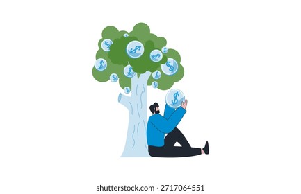 glücklicher Mann, der mit einem Laptop auf dem Baum sitzt. Internet-Konzept. flache Cartoongrafik einzeln auf weißem Hintergrund.
