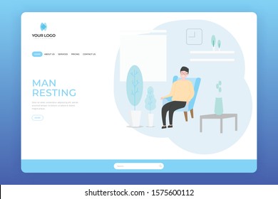 Happy Man Sitting at Sofa and Resting Design Flat Website Landing Page. Character sitting At Comfortable Couch at Restroom and Relaxing Concept Vector Illustration. Web Site Page, Banner Design