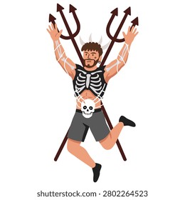 happy man in skeleton costume jumping with two tridents