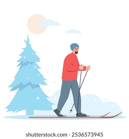 Happy man skiing in winter park. Sportsman skies in cold weather. Snowy winter season outdoor activity. Vector character illustration isolated on white background.