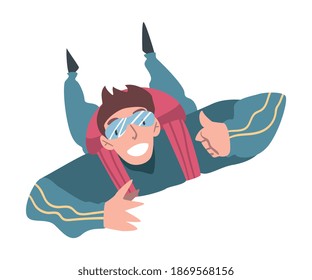 Happy Man Skydiver Enjoying Freefall, Person Jumping with Parachute in Sky, Skydiving Extreme Sport Cartoon Style Vector Illustration