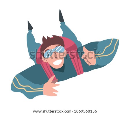 Happy Man Skydiver Enjoying Freefall, Person Jumping with Parachute in Sky, Skydiving Extreme Sport Cartoon Style Vector Illustration