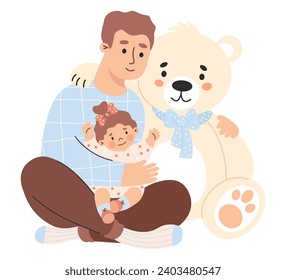 Happy man with small child hugs large white teddy bear toy. Cute character father with daughter. Vector illustration in flat style