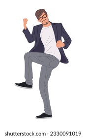 Happy man smart casual office outfit in winning pose celebrating victory, success. Young handsome businessman cartoon male character vector realistic Illustration isolated on white background