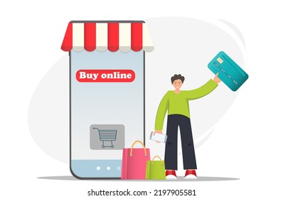 Happy man with smartphone, credit card and shopping bags doing shopping online, online shopping concept, e-commerce, flash sale, discount, payment cashless, digital, flat illustration vector