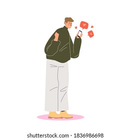 Happy man with smartphone getting likes and heart shapes from social media posts. Cartoon network male user cheering for positive feedback in web. Vector illustration