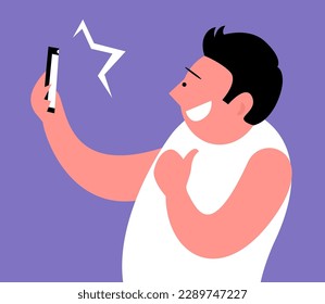 Happy man with a smartphone. Selfie and positive emotion. Funny photo. Modern lifestyle. Flat vector illustration