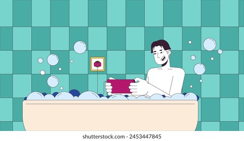 Happy man with smartphone taking bath cartoon flat illustration. Careless asian male using electrical device in water 2D line character colorful background. Danger scene vector storytelling image