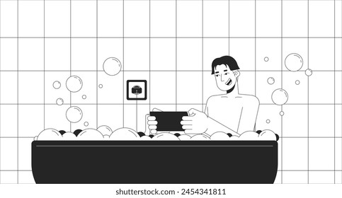 Happy man with smartphone taking bath black and white line illustration. Careless asian male using electrical device in water 2D character monochrome background. Danger scene vector storytelling image