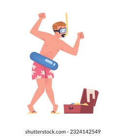 Happy man with snorkel mask and lifebuoy, Tourist having summer vacation cartoon vector illustration