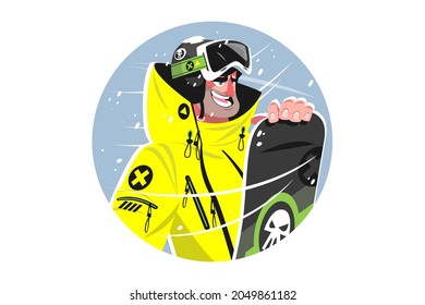 Happy man with snowboard vector illustration. Cheerful person ready for winter ride on snowboard flat style. Sport activity and holiday fun concept. Isolated on white background