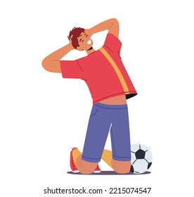 Happy Man Soccer Player Celebrating Victory, Win, Rejoice After Goal. Sportsman Character In Football Uniform Stand on Knees Holding Head Isolated on White Background. Cartoon Vector Illustration
