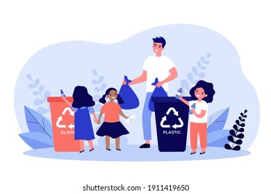 Happy man sorting garbage with cute kids. Plastic, children, container flat vector illustration. Ecology protection and waste disposal concept for banner, website design or landing web page