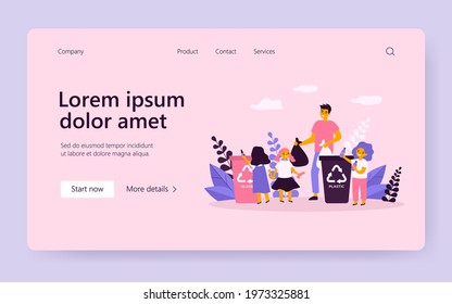 Happy man sorting garbage with cute kids. Plastic, children, container flat vector illustration. Ecology protection and waste disposal concept for banner, website design or landing web page