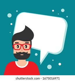 happy man with speech bubble on blue background. Talk, chat message, communicate, messenger concept . flat vector illustration  on white background. Hints and tints. Questions and answers. Home office
