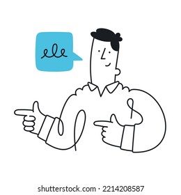 Happy man with speech bubble, pointing aside with fingers. Outline, linear, thin line, doodle art. Simple style with editable stroke.