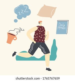 Happy Man in Sports Wear Running in Park at Morning. Male Character Summertime Outdoor Sport Activity. Jogging and Sports Healthy Lifestyle. Sportsman Daily Exercising. Linear Vector Illustration