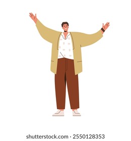 Happy man spreading arms, smiling with cheerful joyful emotion. Excited male rejoicing, celebrating, greeting with hugging welcoming hand gesture. Flat vector illustration isolated on white background