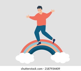 Happy man spreads positive vibes while walking or jogging on the rainbow with balance. Male character smiles and enjoys his freedom. Body and mental health, Psychological care, Lifestyle concept.