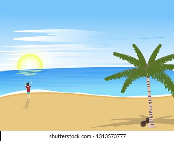 happy man stand on beach with coconut tree and sunrise.vector design