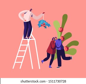 Happy Man Stand on Ladder Holding Mistletoe Branch above Loving Couple Kissing and Hugging Beneath. Friends Company Merry Christmas and New Year Party Celebration. Cartoon Flat Vector Illustration