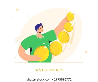 Happy man standing alone and holding five golden coins as an investor. Flat vector illustration of successful people who invest money, take profit on growing markets and became rich. Isolated on white