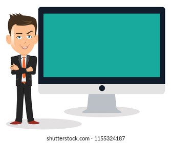 Happy man standing beside a big monitor blank template empty space write text message company info sales marketing graph product image services hand arms crossed folded