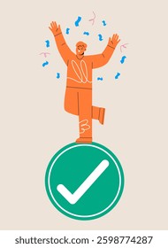 Happy man standing celebrate on completed checkmark after finish. Complete task concept. Colorful vector illustration 

