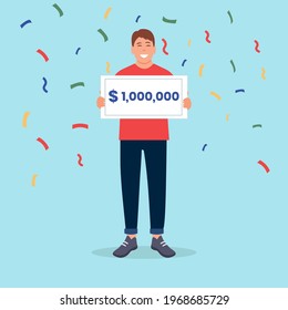 Happy man standing with check for one million dollars in hands. Win lottery,winner.Money and business, finance success rich, lottery and award, vector illustration