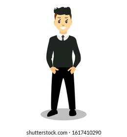 A happy man is standing in a dark sweater with a tie and trousers. Hands in pockets of pants. Business style clothing and a smile on his face.