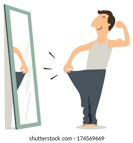 Happy man standing in front of mirror and see himself slim and fitness.