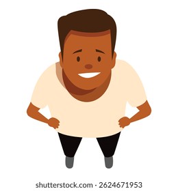 Happy man standing with hands on his hips, seen from a high angle view