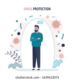 Happy man standing. A male character is protected from viruses and diseases. Good immunity, vaccination and a healthy lifestyle. Handsome guy in trendy style. Vector illustration