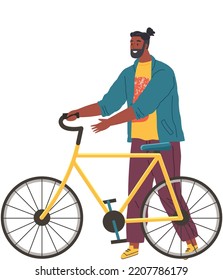 Happy man standing near bicycle enjoying vacation or weekend activity vector Illustration. Eco-friendly transportation. African american male character goes pushing bike. Adventure, outdoors transport