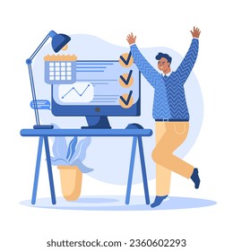 Hombre feliz parado cerca de la computadora, regocijo por las tareas de trabajo terminadas. Concepto de alegría por el éxito en el trabajo. Logro de los objetivos de carrera. Ilustración vectorial en estilo de dibujos animados en colores azul y amarillo