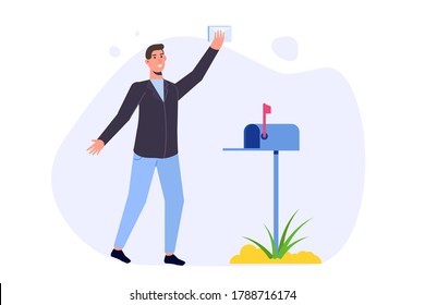 Happy Man is standing nearby mailbox and got letter. Vector illustration