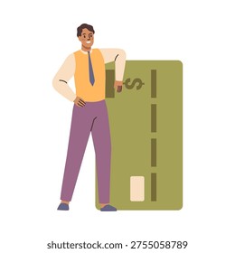 Happy man standing with new plastic debt or credit card. Vector smiling bank worker using cashless financing. Service for secure electronic or wireless payment, digital transaction and money transfer