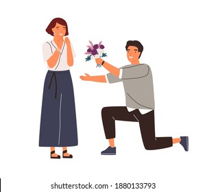 Happy man standing on knee giving beautiful bouquet to woman vector flat illustration. Male admirer give flowers to girlfriend isolated. Romantic surprise on a date. Cute scene with adorable couple