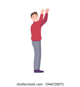 Happy Man Standing Raising Up Hands Cheering About Something Vector Illustration
