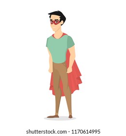 Happy man standing in a super hero costume with red mask and cloak. Idea of success. Isolated vector illustration in cartoon style