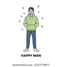 Vector de pie del hombre feliz, ilustración positiva de la emoción EPS