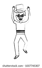 happy man standing wearing mask mustache glasses and hat