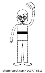 happy man standing wearing mask mustache glasses and hat