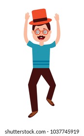 happy man standing wearing mask mustache glasses and hat