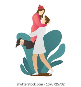 a happy man standing while carrying and embracing her. outdoor romantic couple scenes. romantic couple relationship in flat vector illustration. 