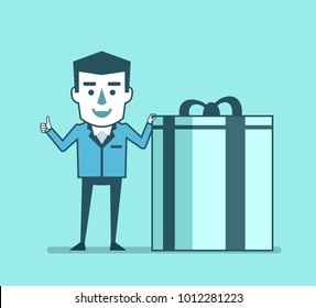 Happy man stands with big gift box. Surprise, birthday celebration, prize win concept. Simple style vector illustration